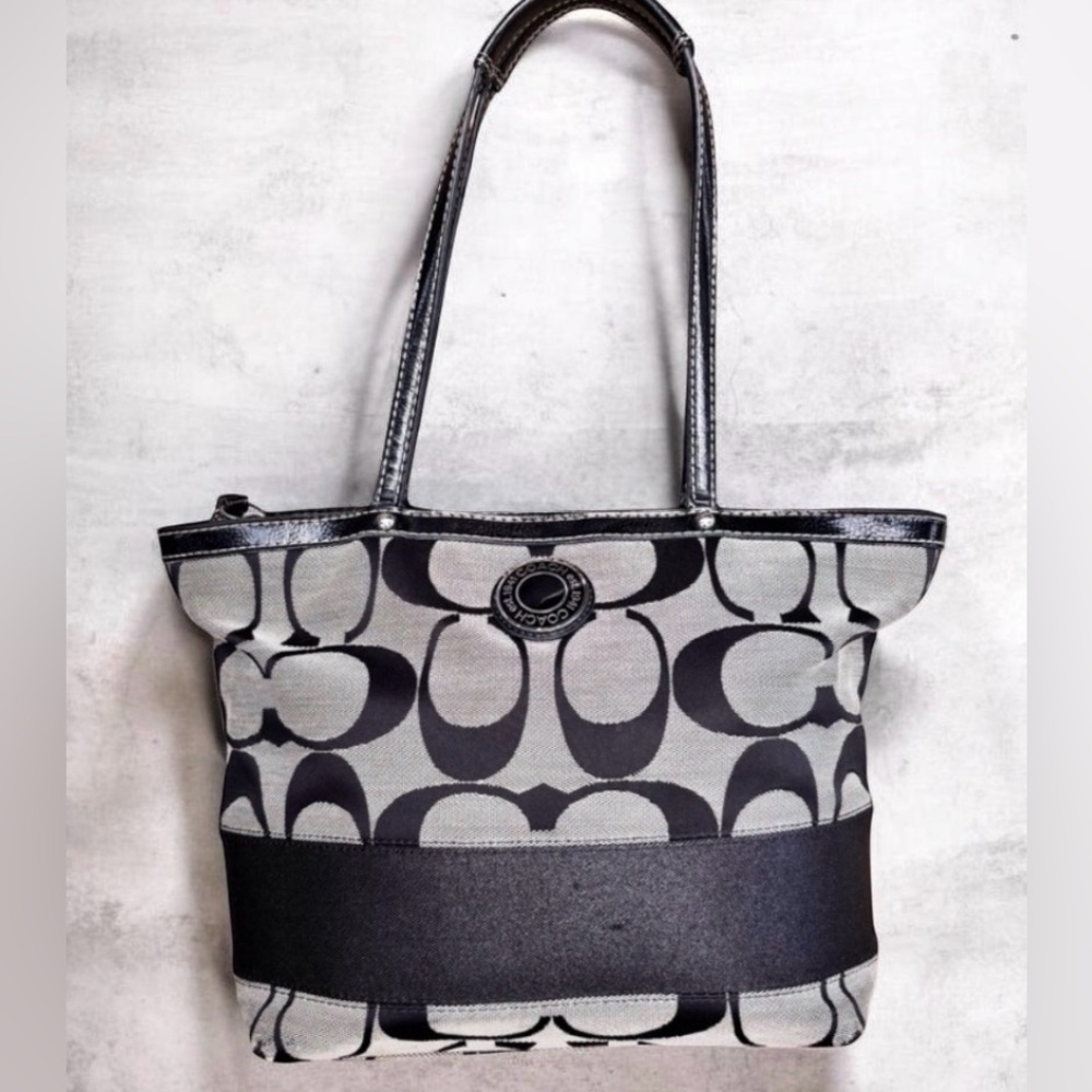 Coach Signature Stripe Tote Black Gray Jacquard Canvas F19046